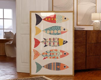 Retro Fish Wall Art Print, Mid-Century Modern Kitchen Decor (Digital Download)