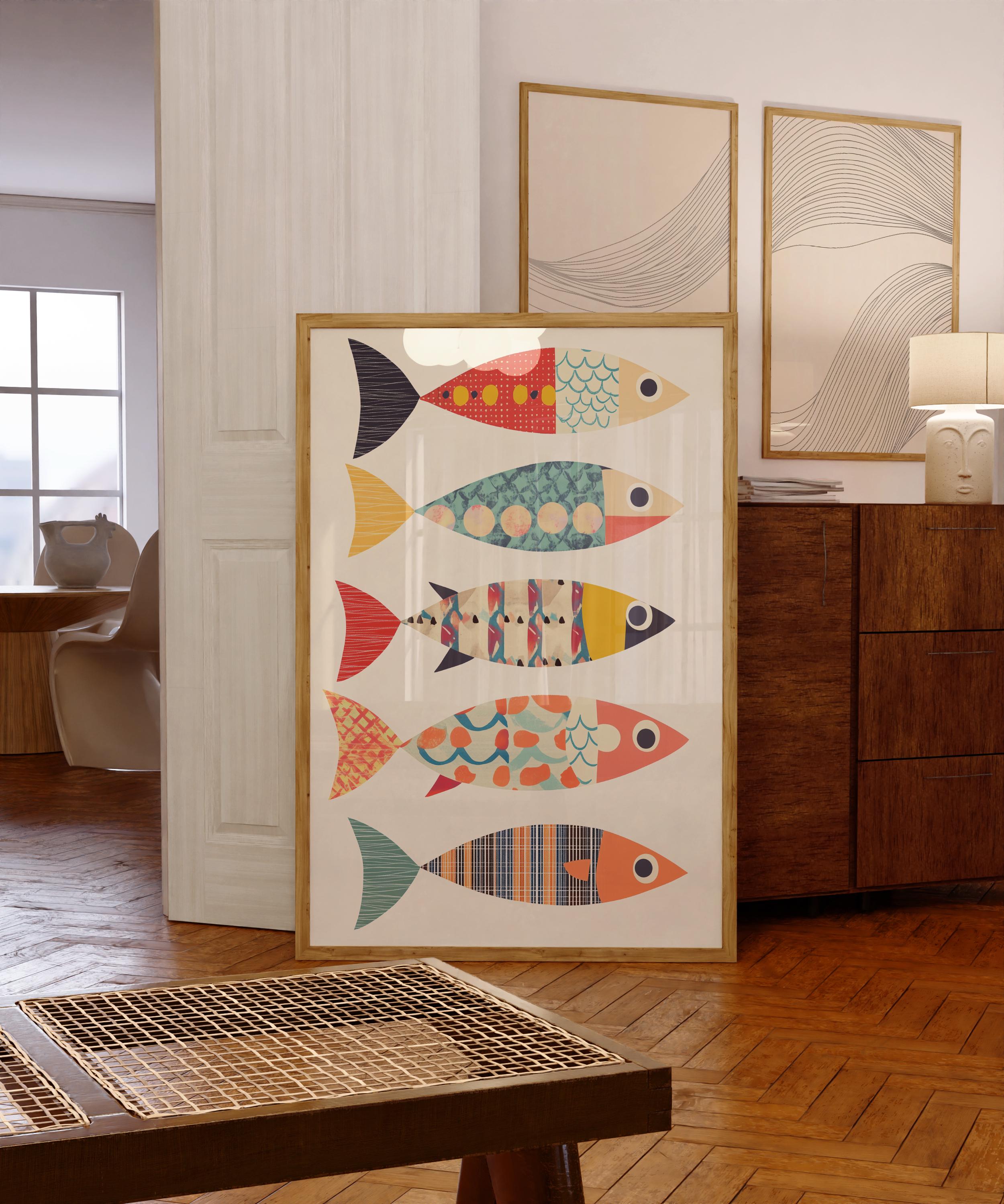 レトロな魚柄のウォールアート、ミッドセンチュリーの装飾、キッチンの