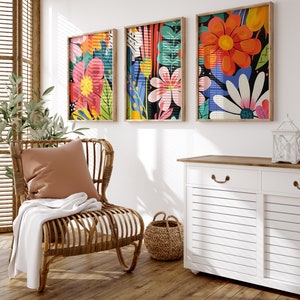 Vibrante arte de pared floral conjunto de 3, decoración de flores coloridas abstractas, arte brillante de moda, impresión ecléctica imprimible, cartel de arte de flores maximalistas