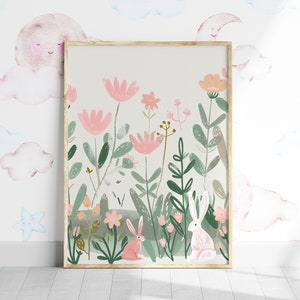 Flowers Rabbits Watercolor Illustration, Childs Room Wall Art, Nursery Floral Animal Art Print, Cute Kids Room Poster, Bedroom Wall Decor