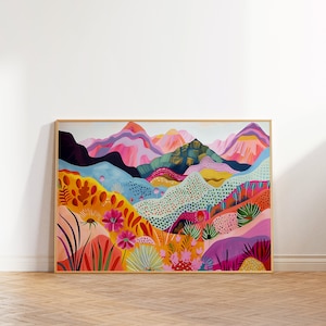 Puede incluir: Una pintura abstracta colorida de un paisaje con montañas, colinas y flores. La pintura está realizada en un estilo vibrante con colores rosa, morado, amarillo, verde y azul.