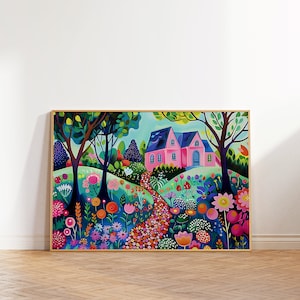 Bunte Landschaft Wandkunst, Blumengarten Landschaft, helle Sommer Illustration, lebendige Blumen bedruckbar, botanische Zeichnung, Patchwork Kunst