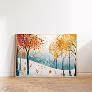 Gemütliche Herbst Winter druckbare Kunst, niedliche Kinderzimmer Herbst Dekor, Warmer Ton Cottagecore druckbare Kunst, Spielzimmer Saison Wald Poster