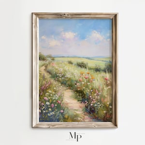 Wildflowers Landscape Oil Painting, Meadow Print, Spring Landscape Wall Art, Countryside Floral Landscape Poster, Summer Field Digital Print