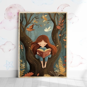 Girl&#39;s Study Room Print, Colorful Reading Decor, Girls Room Print, Bookworm Art, Playroom Printable Poster, Read Book Decor, Gift for Reader