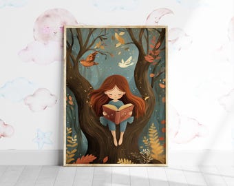 Girl Reading in Tree Print, Colorful Bookworm Art (Digital Download)