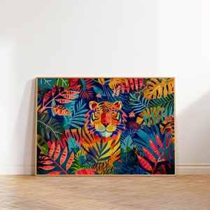 Colorful Tiger Floral Wall Art, Abstract Flower Nature Maximalist Print, Vibrant Tiger Decor, Eclectic Jungle Poster, Modern Animal Wall Art