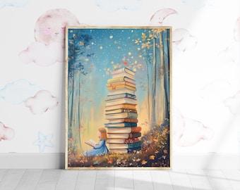Pastel Bookworm Art Print: Girl Reading, Playroom Decor (Digital Download)