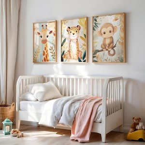 Safari Nursery Wall Art Set of 3, Boho Kids Room Prints, Colorful Floral Animals Art, Giraffe Leopard Monkey Decor, Playroom Jungle Poster