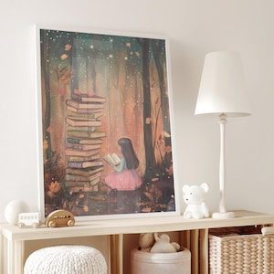 Study Room Print, Pastel Reading Decor, Girls Room Print, Bookworm Art, Playroom Forest Printable Poster, Read Book Decor, Gift for Reader