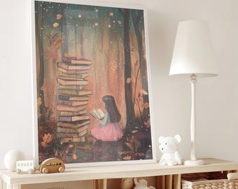 Bookworm Forest Print, Pastel Reading Room Decor (Digital Download)