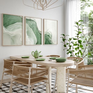 Conjunto de pintura a óleo de praia minimalista abstrata de 3, Japandi Green White Panorama Modern Wall Art, Ocean Wave Painting, Sage Green Wall Decor