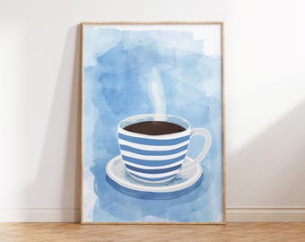 Taza de café con estampado de rayas azules, arte retro para la cocina (descarga digital)