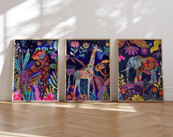 Jungle Animals Vibrant Wall Art Set of 3, Abstract Maximalist Print, Colorful Decor, Leopard Giraffe Elephant Eclectic Art, Kids Room Art