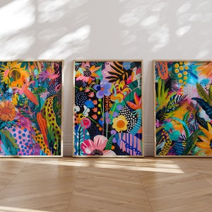 Vibrant Floral Wall Art Set of 3, Abstract Colorful Flower Decor, Trendy Bright Art, Printable Eclectic Print, Maximalist Jungle Art Poster