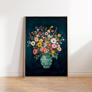 Classic Bouquet Flower Pot Decor, Midcentury Retro Boho Flowers Wall Art, Floral Botanical Print, Midcentury Livingroom Printable Poster