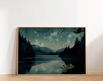 Night Sky Landscape Print, Stars Over Lake (Digital Download)