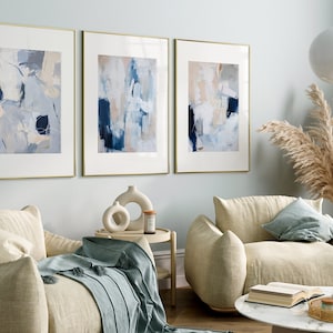 Conjunto de 3 arte de parede azul moderna, arte de parede para impressão, arte de pinceladas, arte abstrata azul e bege, pôster minimalista, arte para impressão