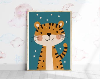 May include: A framed illustration of a cartoon tiger with orange and black stripes on a teal background. The tiger has a friendly expression and is smiling.