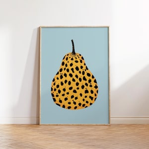 May include: A framed print of a yellow pear with a black leopard print pattern on a light blue background.