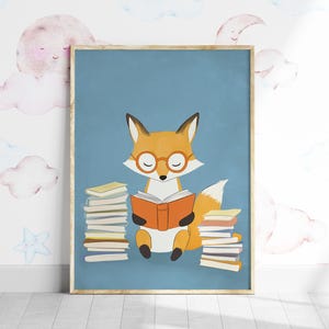 Kinderen dieren lezen boekkunst, pastel studeerkamer print, klaslokaal lezing afdrukbare poster, schattige vos leren decor, kleurrijke schoolmuurkunst