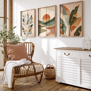 Halverwege de eeuw set van 3, beige, groen, terracotta, boho kunst aan de muur, boho abstracte muurkunst wordt afgedrukt, bloemen poster, moderne boho bloem afdrukbaar