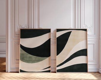 Puede incluir: Dos impresiones de arte abstracto en marcos de madera. Las impresiones presentan un esquema de color negro, blanco y verde con líneas onduladas.