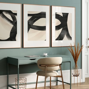 Modern Beige and Black Wall Art Set of 3, Japandi Printable Wall Art, Abstract Brush Strokes Art, Abstract Art, Minimalist Wabi Sabi Poster