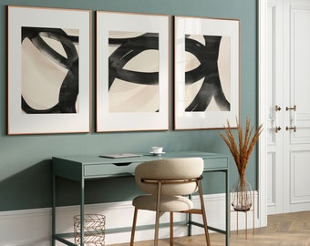 Japandi Brush Stroke Art Prints: Beige & Black Abstract Set (Digital Download)