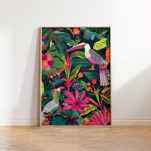 Lebendige Vögel Blumenwandkunst, Abstrakte Blumen Natur Maximalistischer Druck, Buntes Vogeldekor, Eklektisches Dschungelplakat, Moderne Tierwandkunst