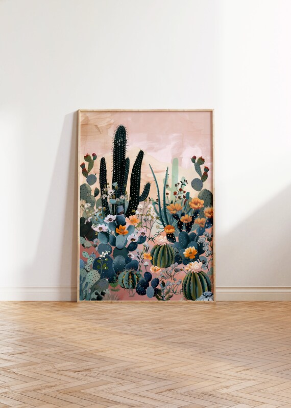 Blooming Cactus Print: Vibrant Desert Landscape Art (Digital Download)