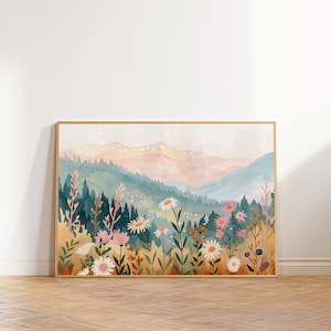 Vibrant Retro Landscape Wall Art, Classic Colorful Floral Mountain Decor, Watercolor Flower Illustration Print, Modern Scenery Artwork