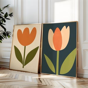 Juego de 2 impresiones retro de tulipanes, impresiones de flores abstractas, carteles de tulipanes, arte de pared botánico, impresiones florales, impresiones abstractas, decoración floral de tulipanes