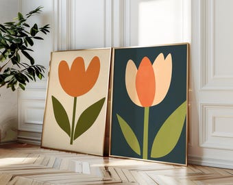 Ensemble d'impressions de tulipes rétro, art mural botanique abstrait (téléchargement numérique)