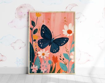 Butterfly Flowers Nursery Wall Art, Pastel Colors (Digital Download)