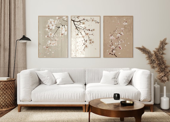 日本未発売|シャンパンアート 壁掛けインテリア ヴィンテージ Spiritile Japandi Wall Art, Flower Print, Wabi Sabi Cherry Blossom Wall Art