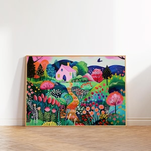 Bunte Landschaft Wandkunst, Blumengarten Landschaft, helle Sommer Illustration, lebendige Blumen bedruckbar, botanische Zeichnung, Kinderzimmer Kunst