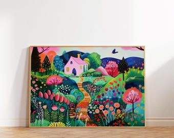 Colorful Flower Garden Landscape Art Print (Digital Download)
