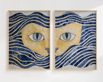 Stampe artistiche astratte con volti di gatti a strisce, decorazioni moderne per la casa (download digitale, set da 2)