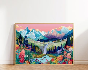 Floral Mountain Landscape Art Print: Colorful Scenery Illustration (Digital Download)