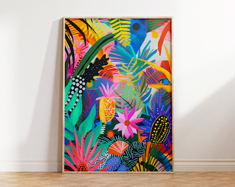 May include: A framed print of a colorful abstract painting featuring a jungle scene with vibrant green, pink, blue, yellow, and orange foliage, flowers, and a pineapple.