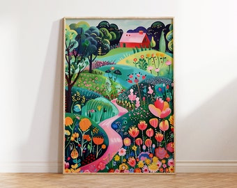 Colorful Flower Garden Landscape Art Print: Summer Botanical Illustration (Digital Download)