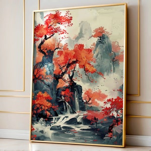 Japandi Wand Kunst Druck, Japanische Abstrakte Herbst Landschaft, Asiatische Natur Kunst, Aquarell Wabi Sabi Boho Dekor, Japanische druckbare Kunstwerk