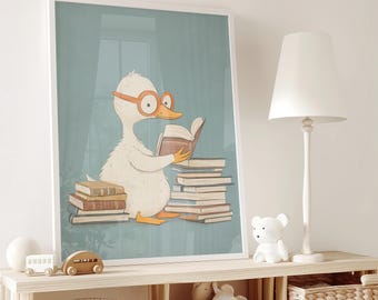 絵本を読むアヒルのイラストプリント、パステルカラーの子供部屋装飾