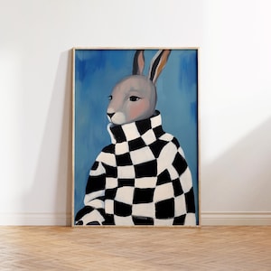 Kariertes Kaninchen Wandkunst, Karierter Pullover Druck, Blaues druckbares Dekor, Funky Retro Plakat, trendiges kariertes Tierplakat, Kinderzimmer Kunst