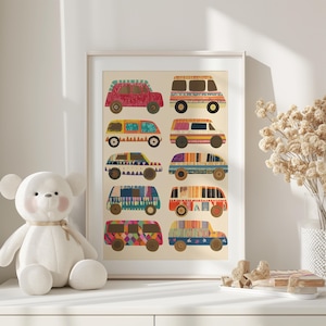 May include: A framed print of a colorful illustration of 10 different cars and vans. Each vehicle is decorated with a unique pattern of geometric shapes and bright colors.