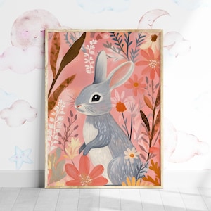 Nursery Rabbit Decor, Bunny Kids Room Wall Art, Children&#39;s Printable Art, Colorful Animal Woodland Print, Pastel Rabbit Playroom Poster