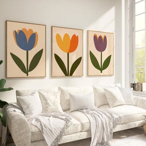 Tulip Retro Print Set of 3, Abstract Flower Prints, Tulip Posters, Botanical Wall Art, Floral Printable, Abstract Print, Tulip Floral Decor
