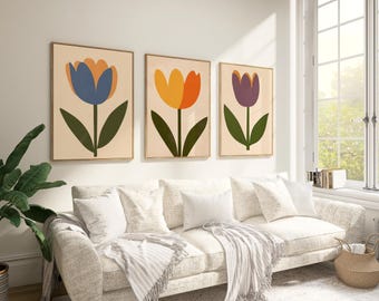 Retro Tulip Print Set, Abstract Floral Wall Art (Digital Download)