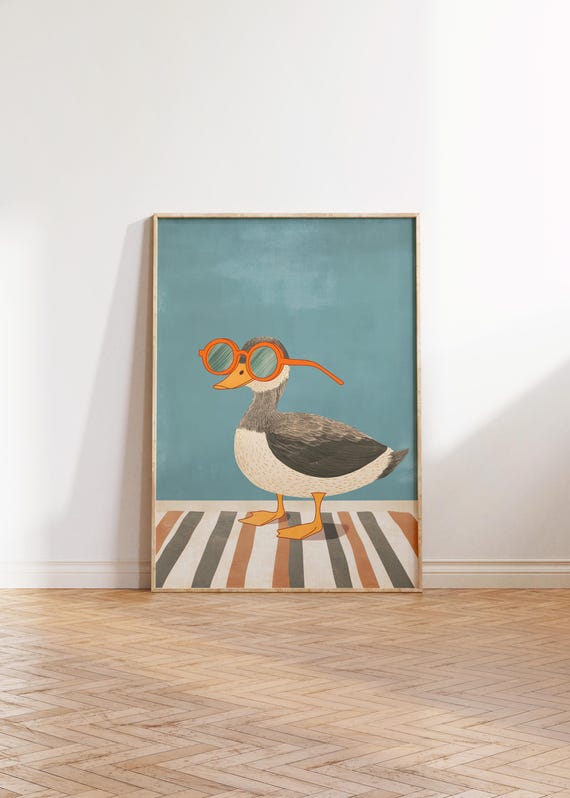 Sunglasses Striped Duck Art Print, Funny Duck Wall Art, Colorful Bird Printable Art, Hipster Duck Dorm Decor, Aesthetic Preppy Animal Poster